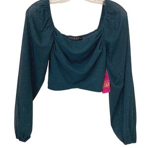 Fairygrunge Mesh Emerald Sheer Sparkle Ruched Long Sleeve Crop Top Size S